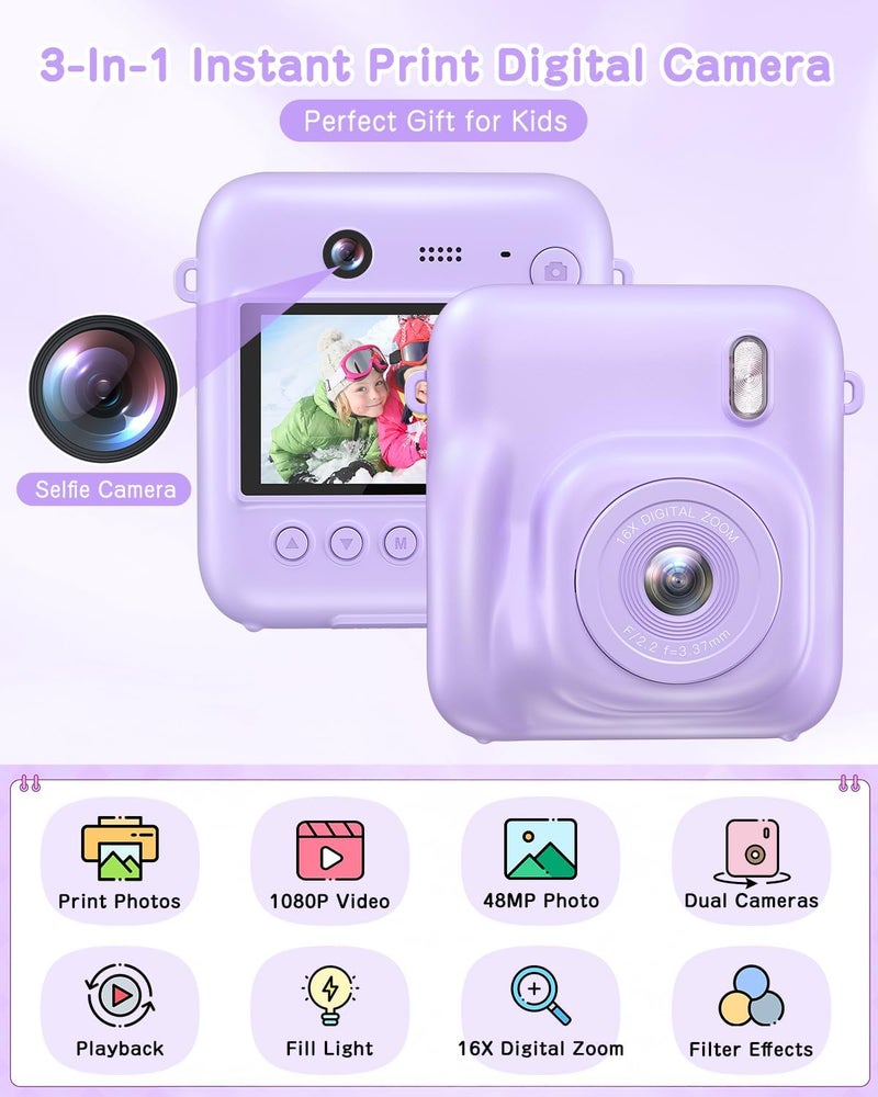 Fulealfly Kids Camera Instant Print for Girls Boys with Print Paper & 32GB Card, Age 3-12 Kids Toys Christmas Birthday Gifts(Purple) - Image 2